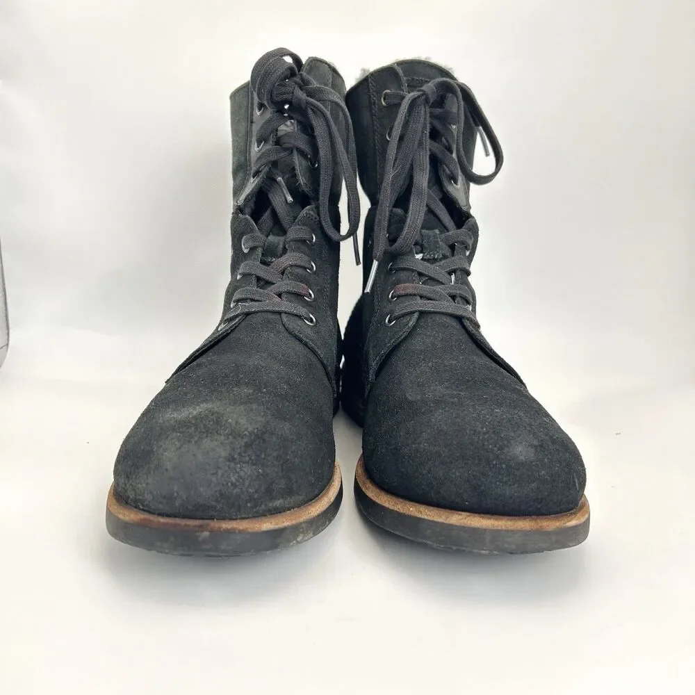 UGG Larus Combat Boots Mens Sz 11 Black Suede Leather Mid Fold-down Calf 1011936